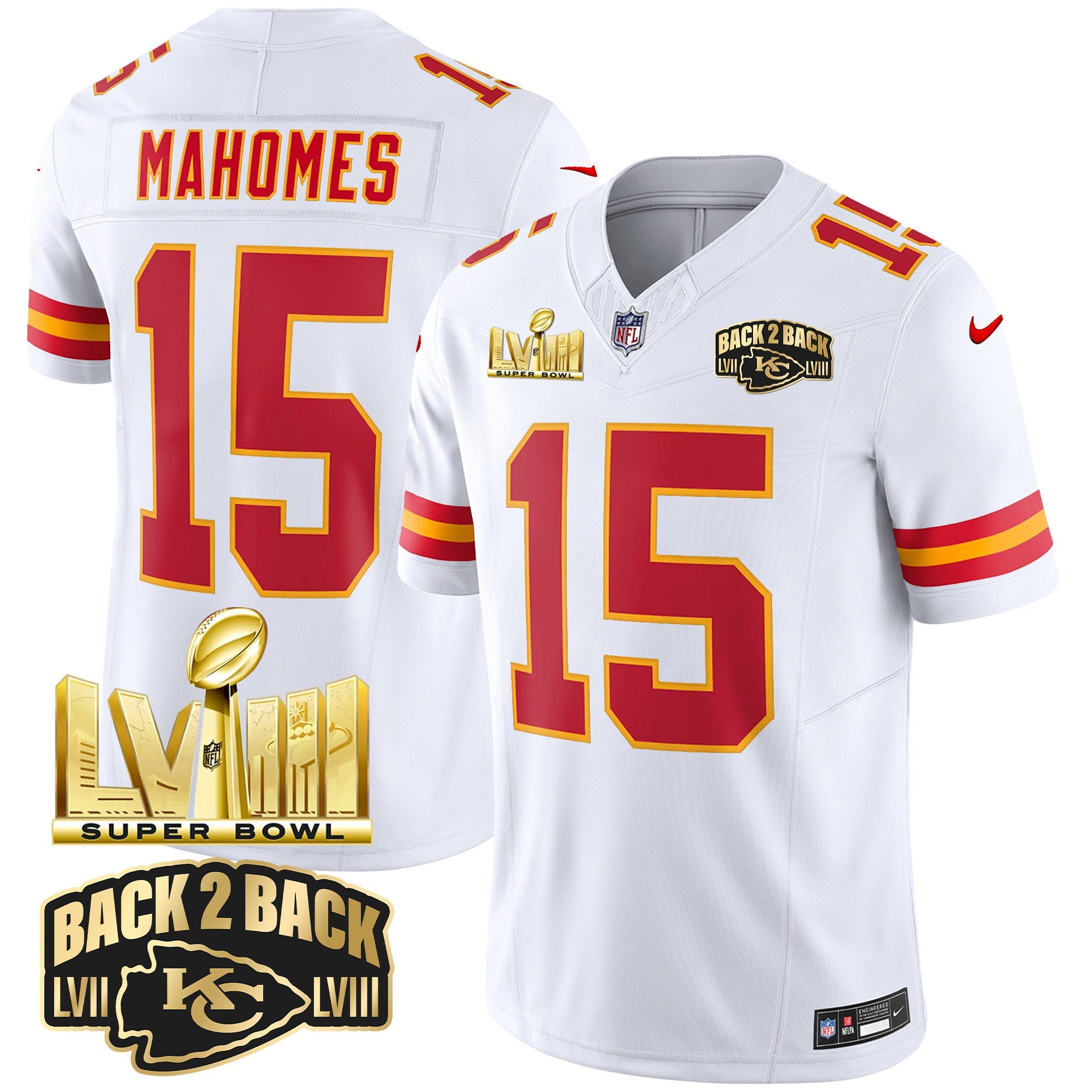 Chiefs Super Bowl LVIII & Back 2 Back Gold Patch Vapor Jersey – All Stitched – White – Patrick Mahomes Jersey