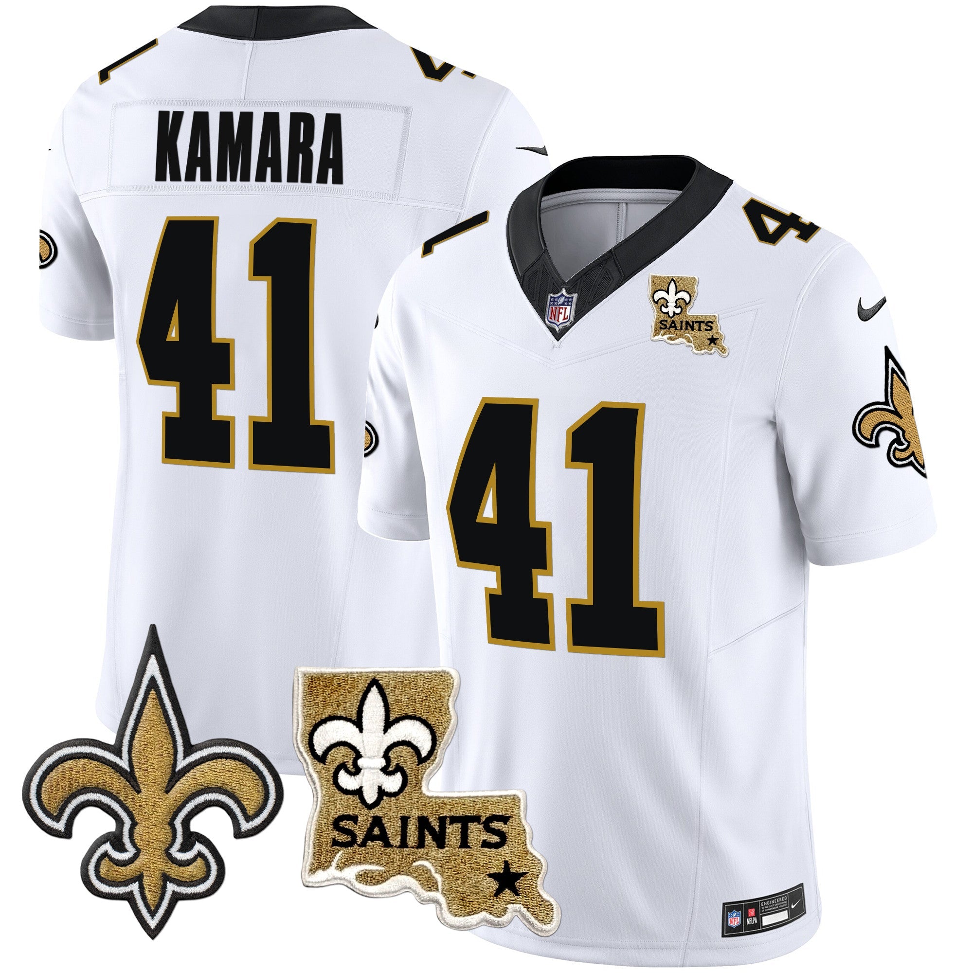 Saints Vapor Limited Jersey – New Orleans Patch – All Stitched – White – Alvin Kamara Jersey