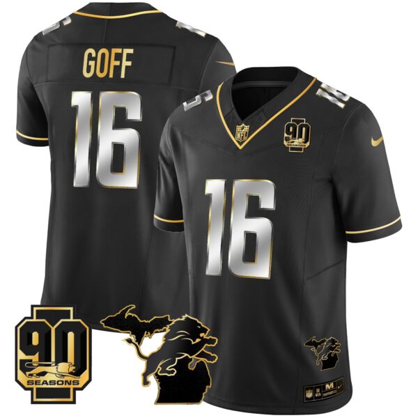 Detroit Lions 90th Year & Michigan Patch Gold Vapor Jersey – All Stitched – Black Limited – Jared Goff Jersey