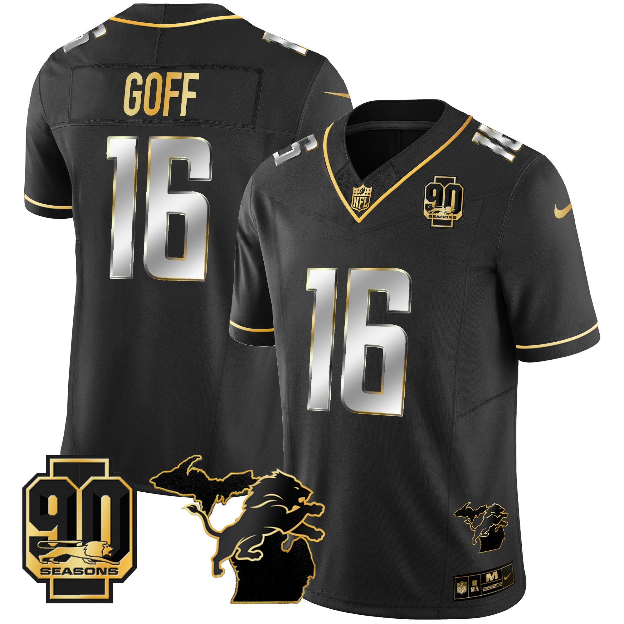 Detroit Lions 90th Year & Michigan Patch Gold Vapor Jersey – All Stitched – Black Limited – Jared Goff Jersey