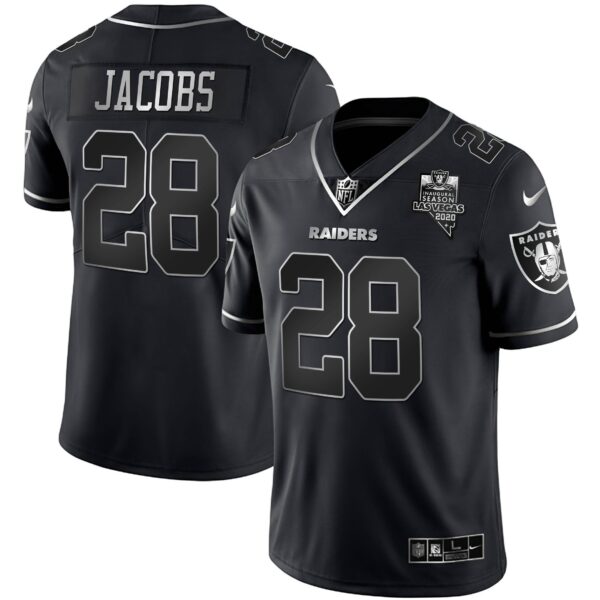 Raiders Inaugural Season Patch Gold & Split – All Stitched – Black Silver – Josh Jacobs Jersey
