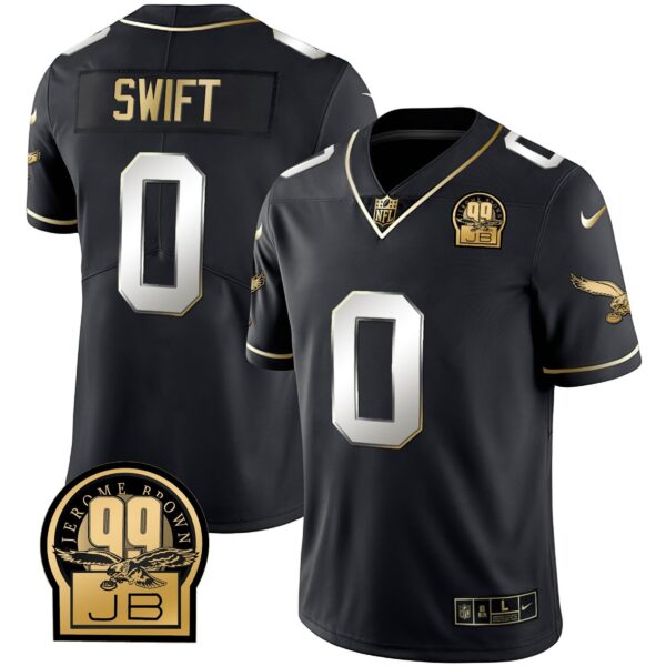 Eagles Jerome Brown Retired Patch Gold & Kelly Jersey – All Stitched – Black Limited – D’Andre Swift Jersey