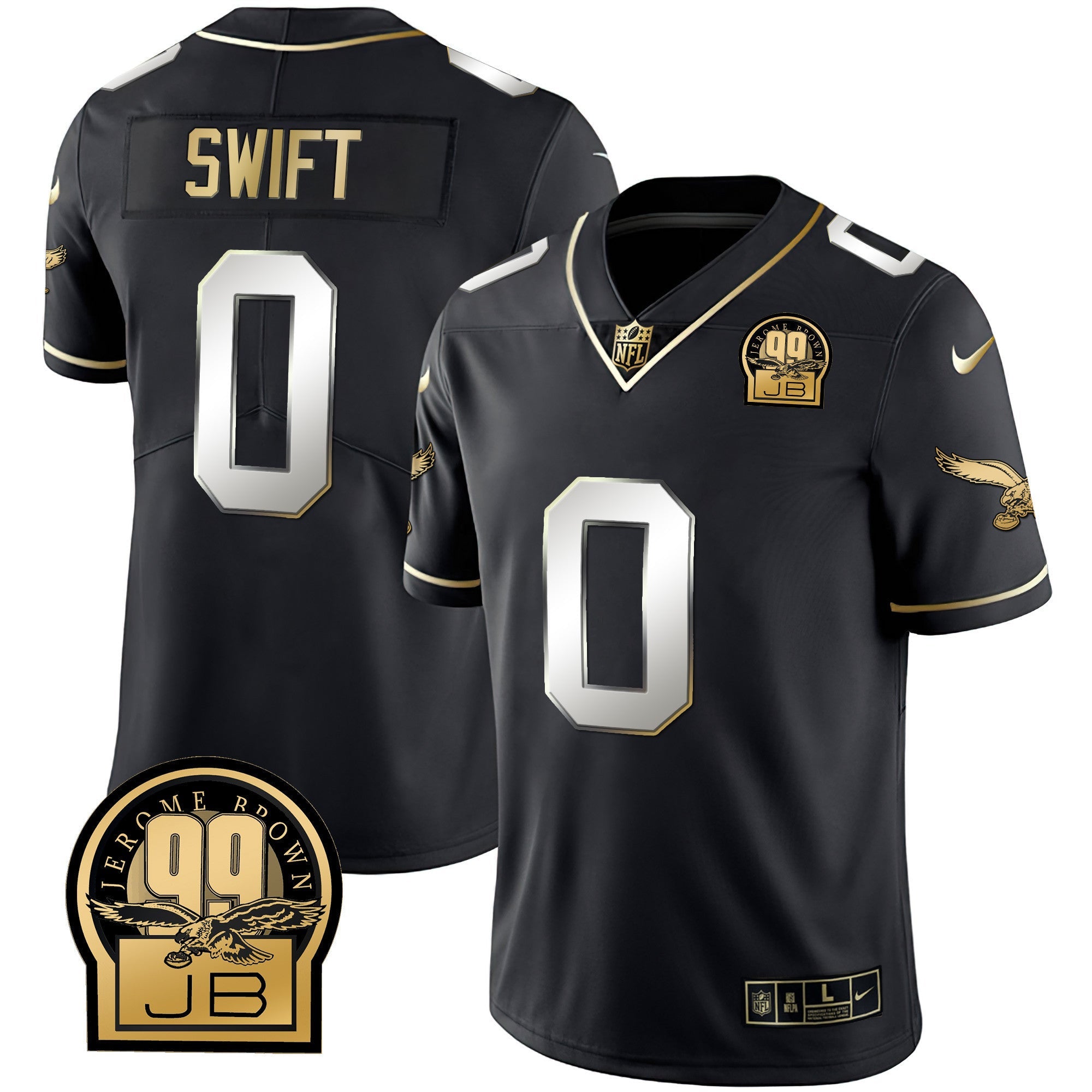 Eagles Jerome Brown Retired Patch Gold & Kelly Jersey – All Stitched – Black Limited – D’Andre Swift Jersey