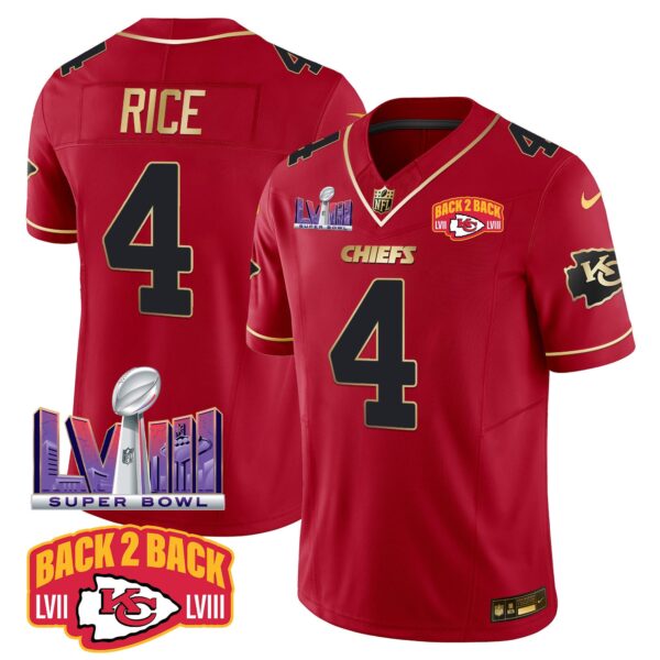 Chiefs Super Bowl LVIII & Back 2 Back Patch Vapor Jersey – All Stitched – Red Special – Rashee Rice Jersey