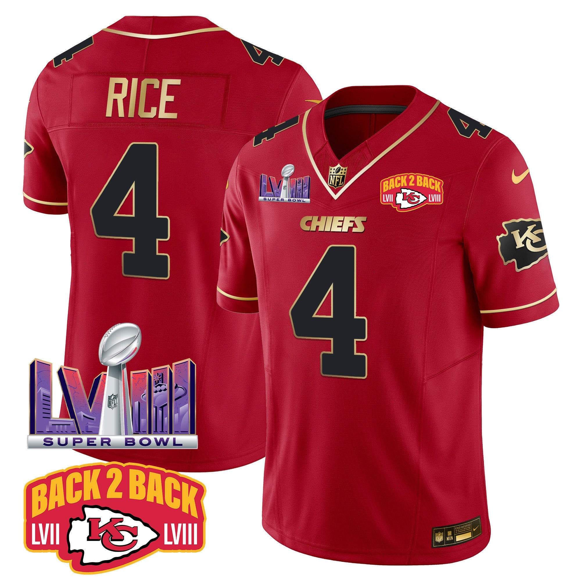 Chiefs Super Bowl LVIII & Back 2 Back Patch Vapor Jersey – All Stitched – Red Special – Rashee Rice Jersey