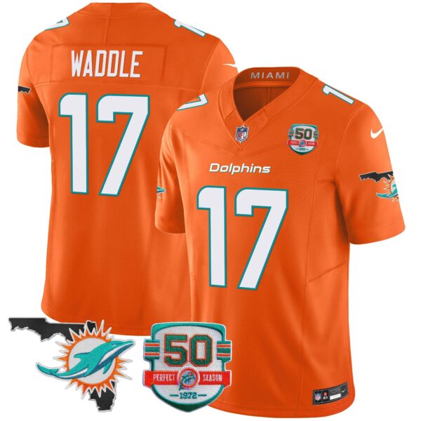 Dolphins 50th Perfect Season & Florida Patch Vapor Jersey – All Stitched – Orange – Jaylen Waddle Jersey