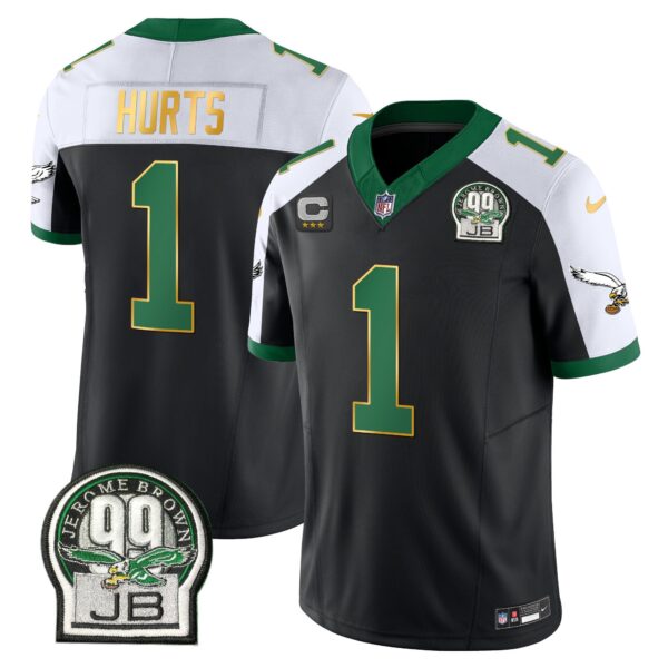 Eagles Jerome Brown Patch Kelly Green Gold Trim Jersey – All Stitched – Black Alternate – Jalen Hurts Jersey