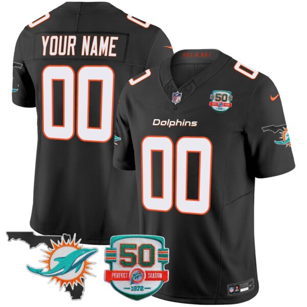 Dolphins 50th Perfect Season & Florida Patch Vapor Custom Jersey – All Stitched – Black Jersey