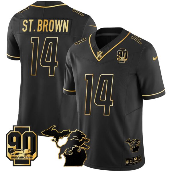 Detroit Lions 90th Year & Michigan Patch Gold Vapor Jersey – All Stitched – Black Gold – St. Brown Jersey