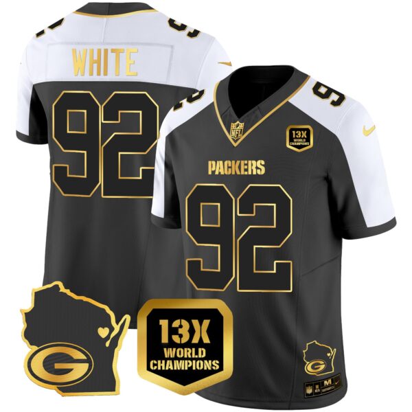 Packers 13 Time World Champions & Home Patch Gold Vapor Jersey V2 – All Stitched – Alternate – Reggie White Jersey