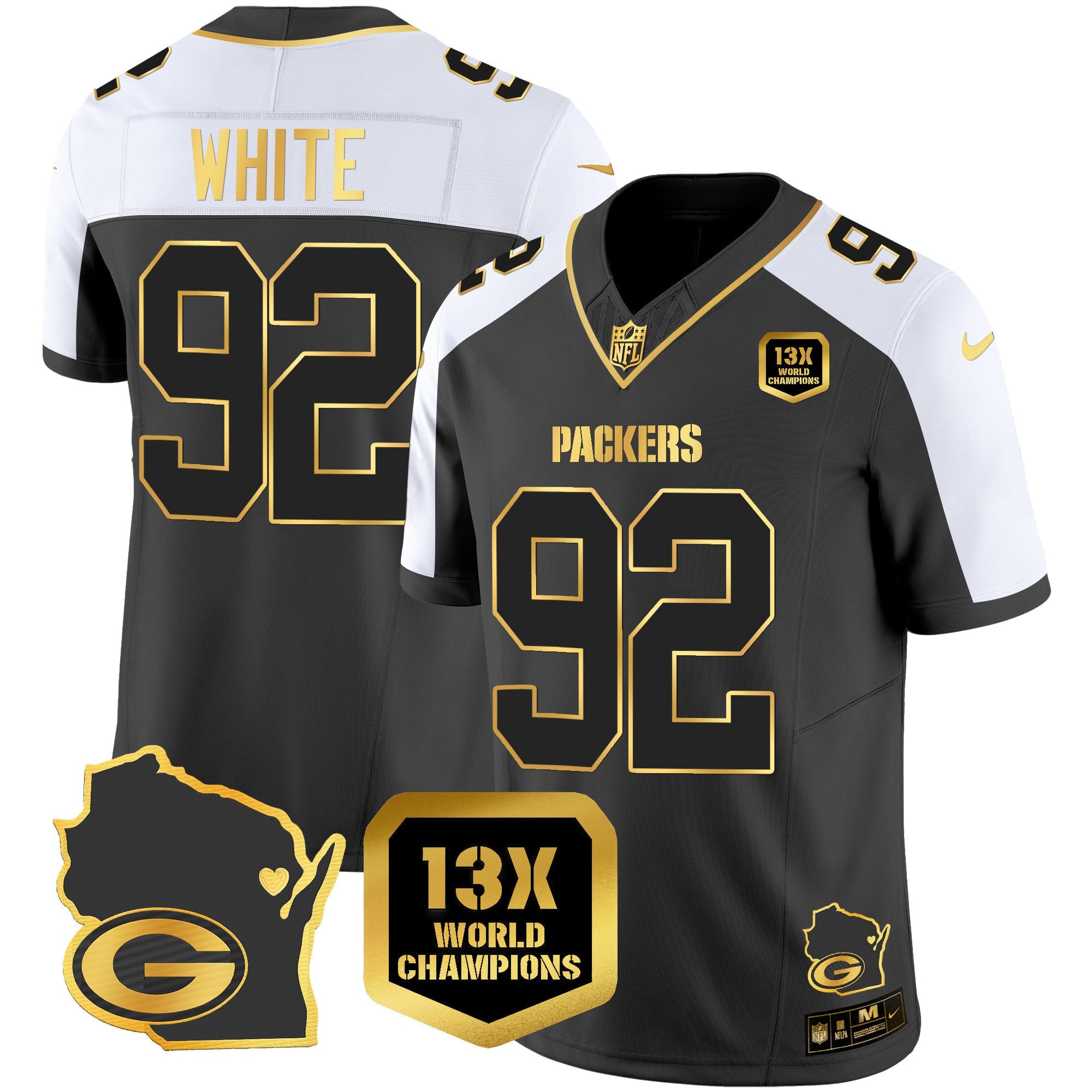 Packers 13 Time World Champions & Home Patch Gold Vapor Jersey V2 – All Stitched – Alternate – Reggie White Jersey