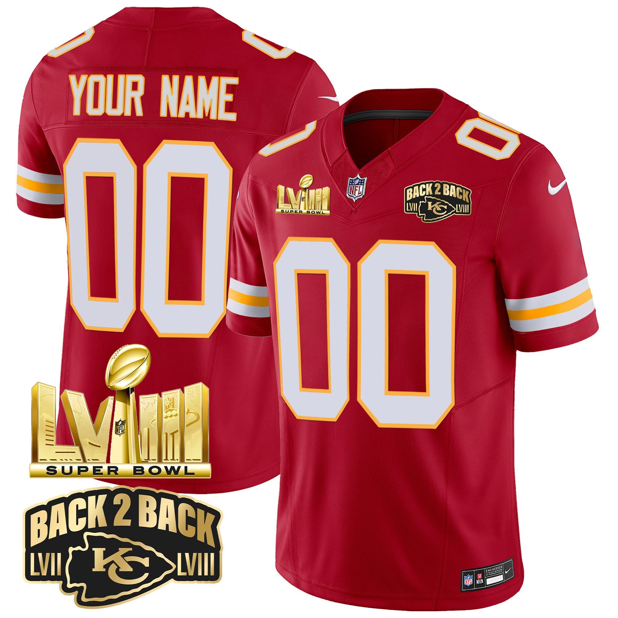 Chiefs Super Bowl LVIII & Back 2 Back Gold Patch Vapor Custom Jersey – All Stitched – Red Jersey