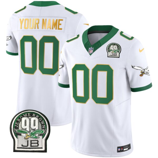 Eagles Jerome Brown Patch Kelly Green Gold Trim Custom Jersey – All Stitched – Kelly White Jersey