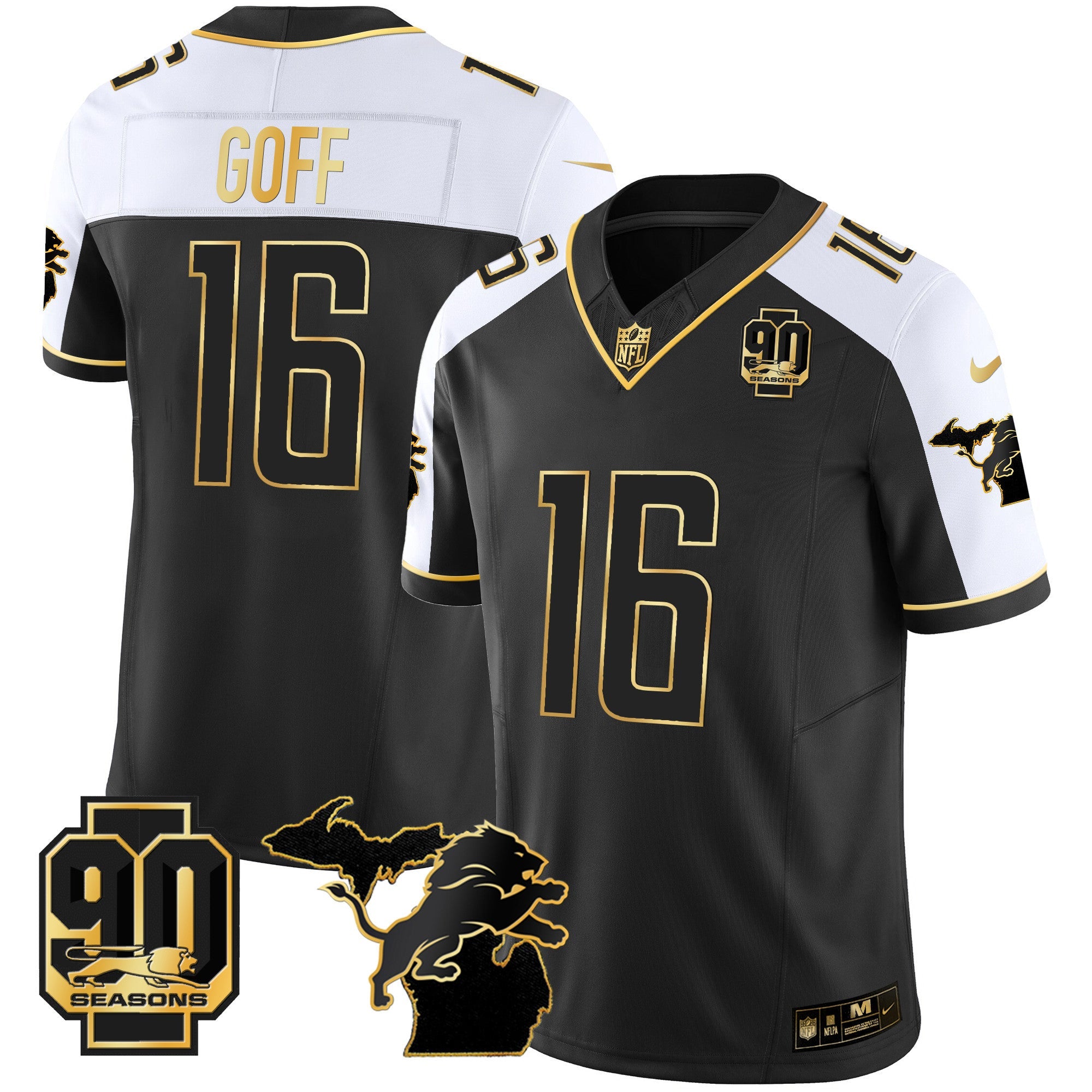 Detroit Lions 90th Year & Michigan Patch Gold Vapor Jersey – All Stitched – Alternate – Jared Goff Jersey