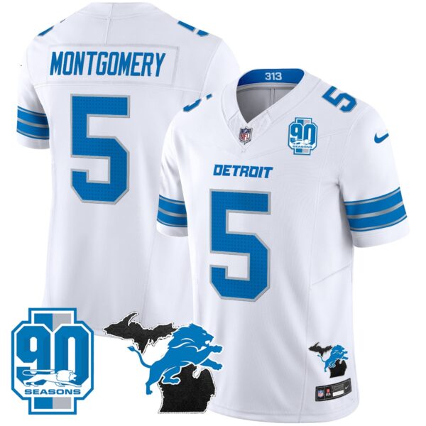Detroit Lions 2024 Michigan & 90th Year Patch Vapor Jersey – All Stitched – White – David Montgomery Jersey