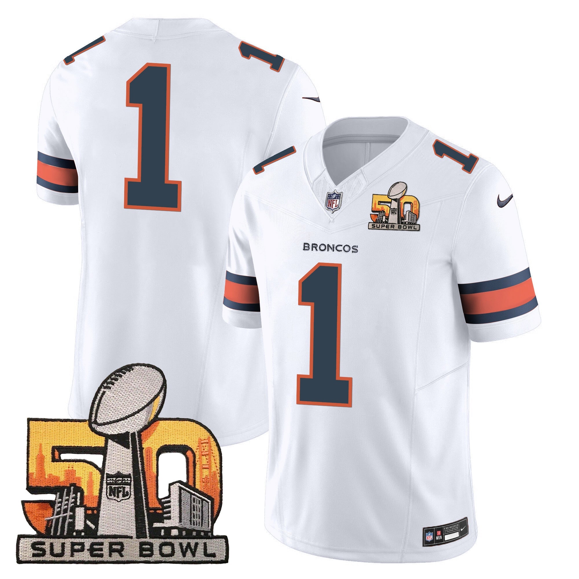 Denver Broncos Super Bowl 50 Patch Vapor Jersey – All Stitched – White – #1 Team Jersey