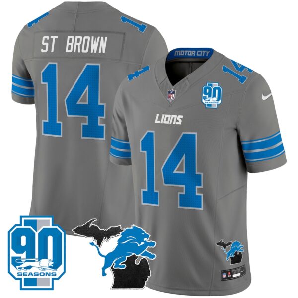 Detroit Lions 2024 Michigan & 90th Year Patch Vapor Jersey – All Stitched – Gray – St. Brown Jersey