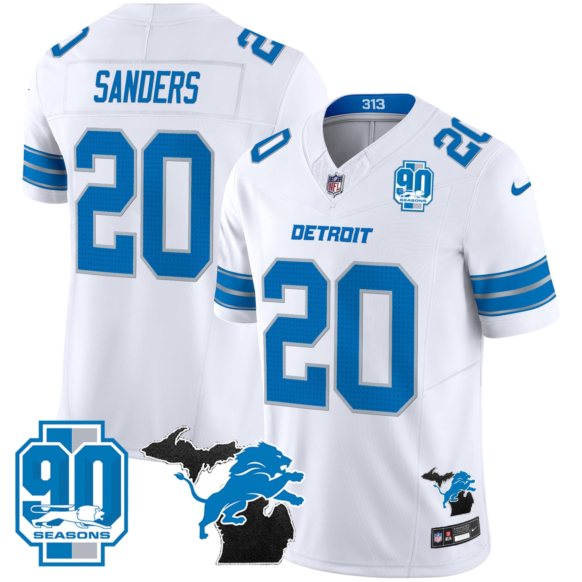 Detroit Lions 2024 Michigan & 90th Year Patch Vapor Jersey – All Stitched – White – Barry Sanders Jersey