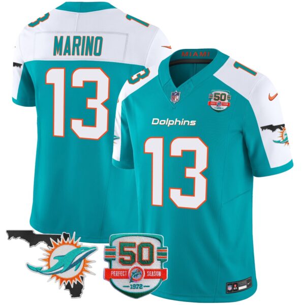 Dolphins 50th Perfect Season & Florida Patch Vapor Jersey – All Stitched – Aqua Alternate – Dan Marino Jersey