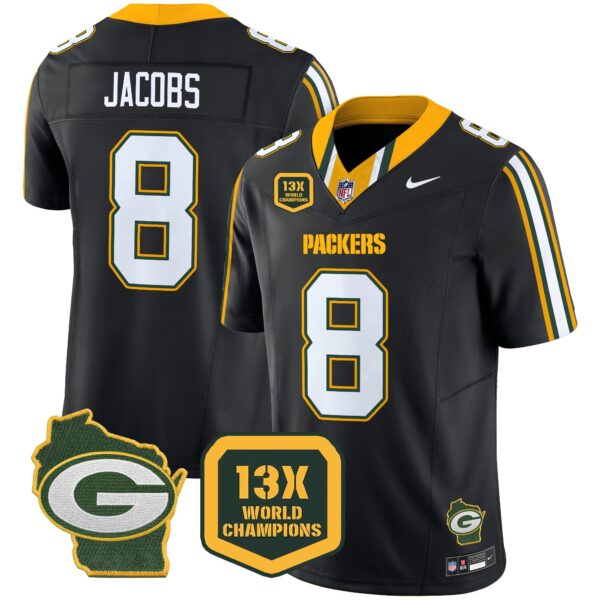 Packers 13 Time World Champions & Home Patch Vapor Limited Jersey – All Stitched – Black – Josh Jacobs Jersey