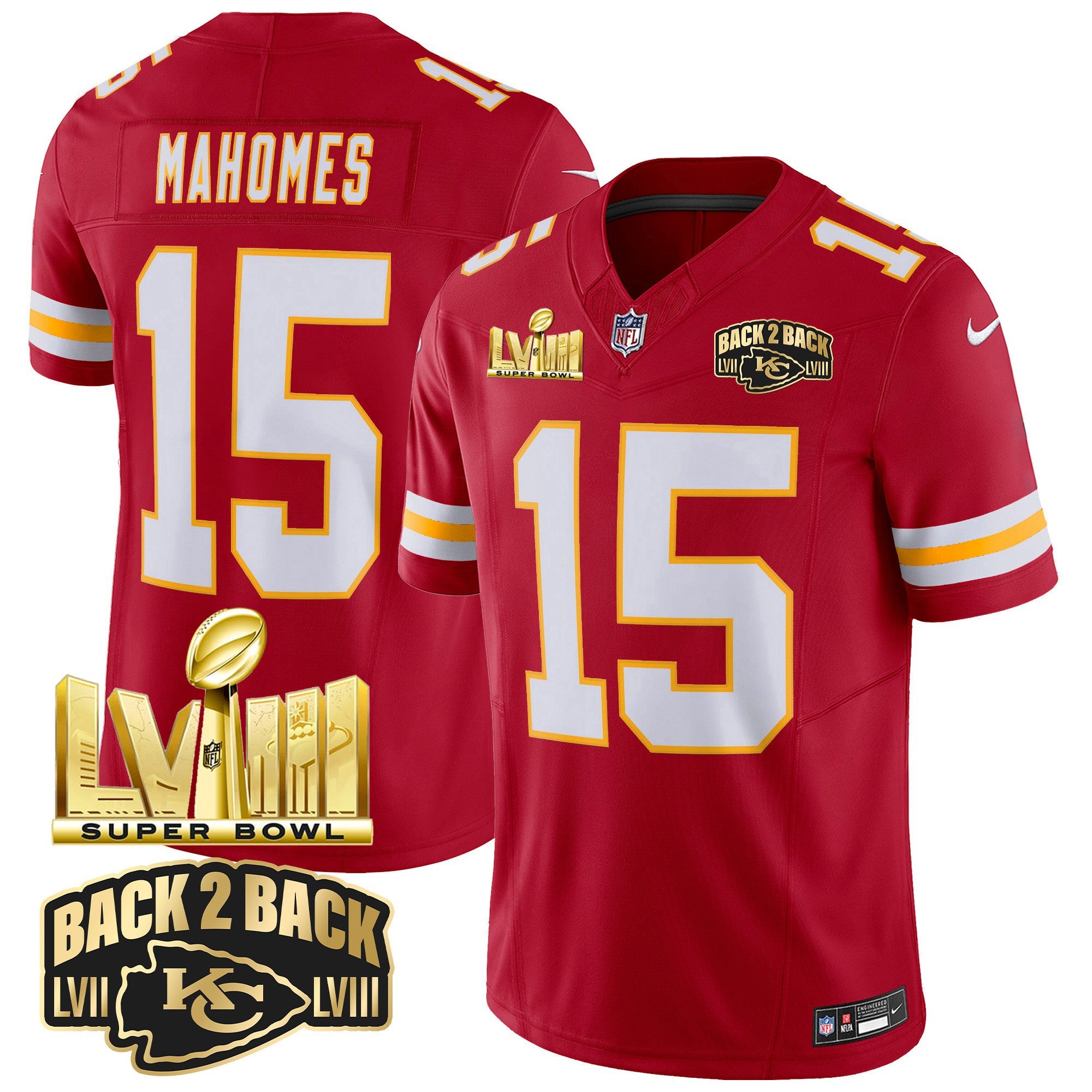 Chiefs Super Bowl LVIII & Back 2 Back Gold Patch Vapor Jersey – All Stitched – Red – Patrick Mahomes Jersey