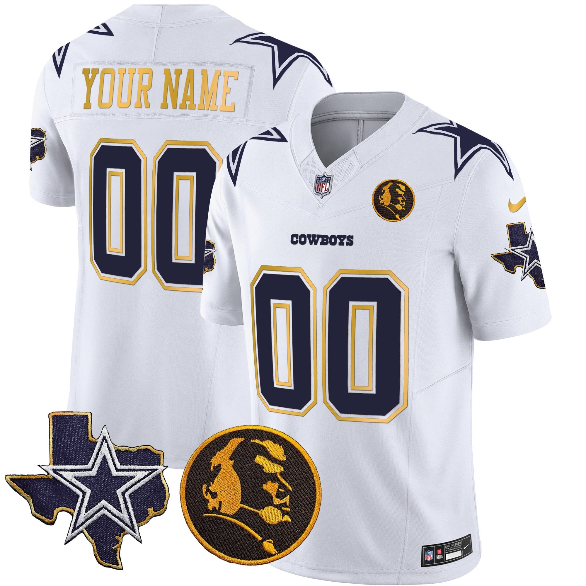 Cowboys Texas & John Madden Patch Gold Trim Vapor Custom Jersey – All Stitched – White Jersey