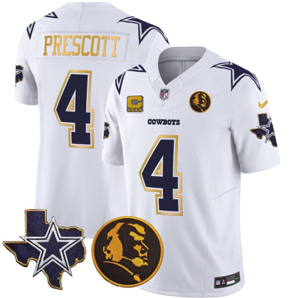 Cowboys Texas & John Madden Patch Gold Trim Vapor Jersey – All Stitched – White – Dak Prescott Jersey