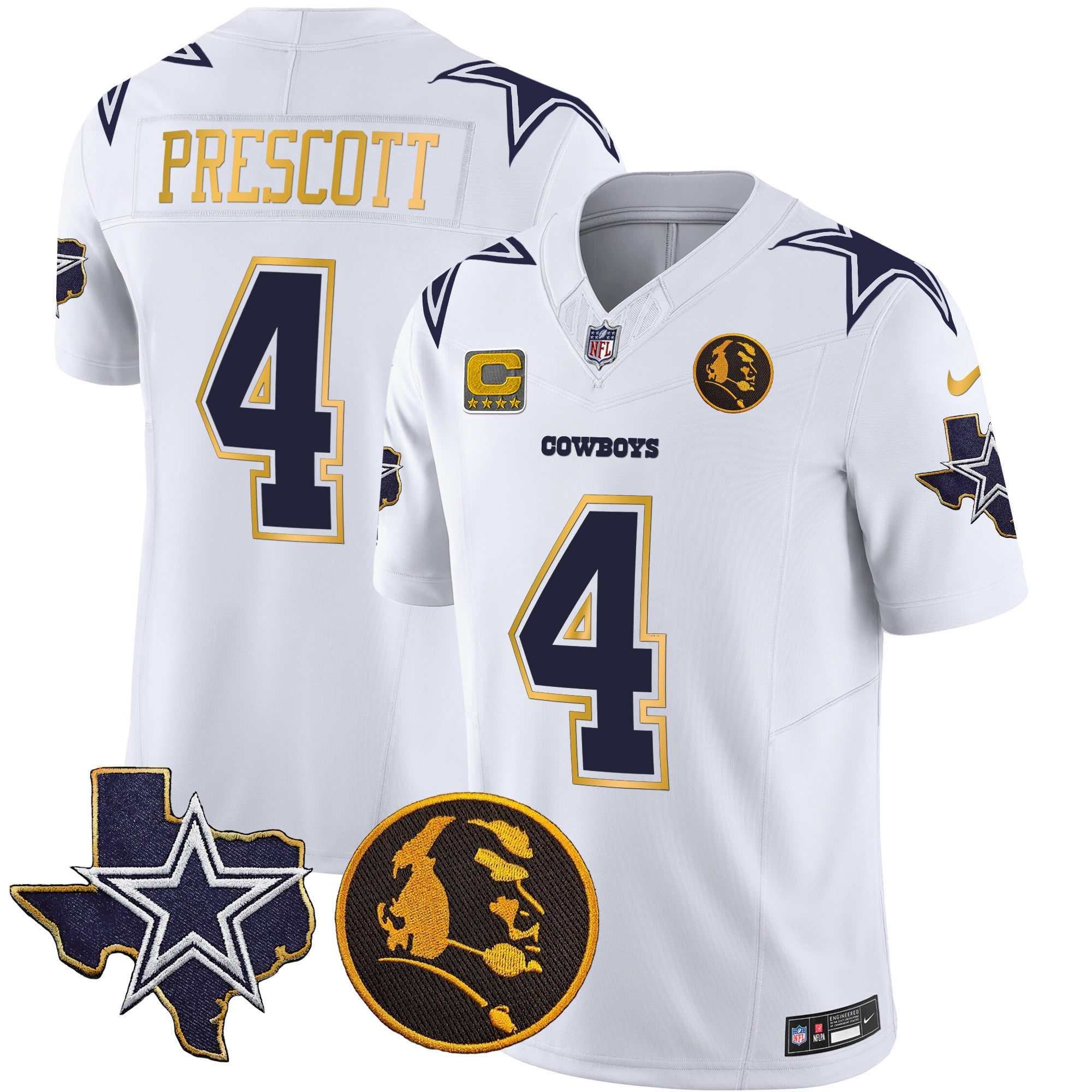 Cowboys Texas & John Madden Patch Gold Trim Vapor Jersey – All Stitched – White – Dak Prescott Jersey