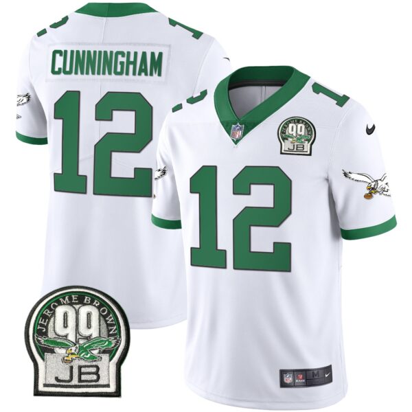 Eagles Jerome Brown Retired Patch Gold & Kelly Jersey – All Stitched – Kelly White – Randall Cunningham Jersey