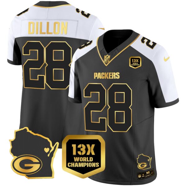 Packers 13 Time World Champions & Home Patch Gold Vapor Jersey V2 – All Stitched – Alternate – AJ Dillon Jersey