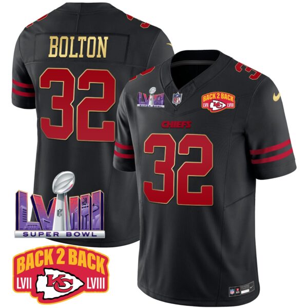 Chiefs Super Bowl LVIII & Back 2 Back Patch Vapor Jersey – All Stitched – Gold Trim – Nick Bolton Jersey