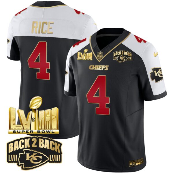 Chiefs Super Bowl LVIII & Back 2 Back Gold Patch Vapor Jersey – All Stitched – Black Alternate – Rashee Rice Jersey