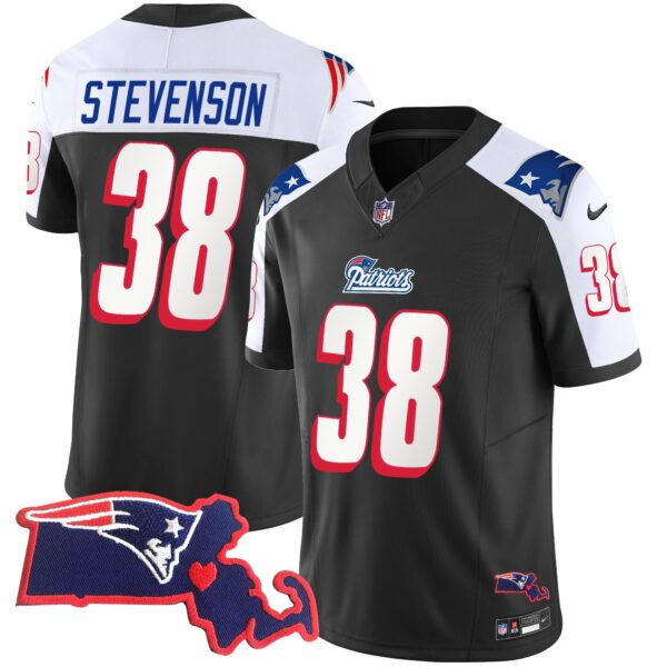 Patriots 1996 Throwback State Patch Vapor Jersey – All Stitched – Black Alternate – Rhamondre Stevenson Jersey