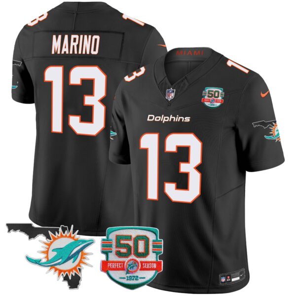 Dolphins 50th Perfect Season & Florida Patch Vapor Jersey – All Stitched – Black – Dan Marino Jersey