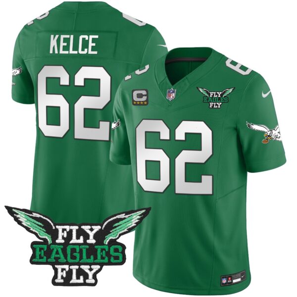 Fly Eagles Fly Patch Throwback Kelly Green Vapor Jersey – All Stitched – Kelly Green – Jason Kelce Jersey