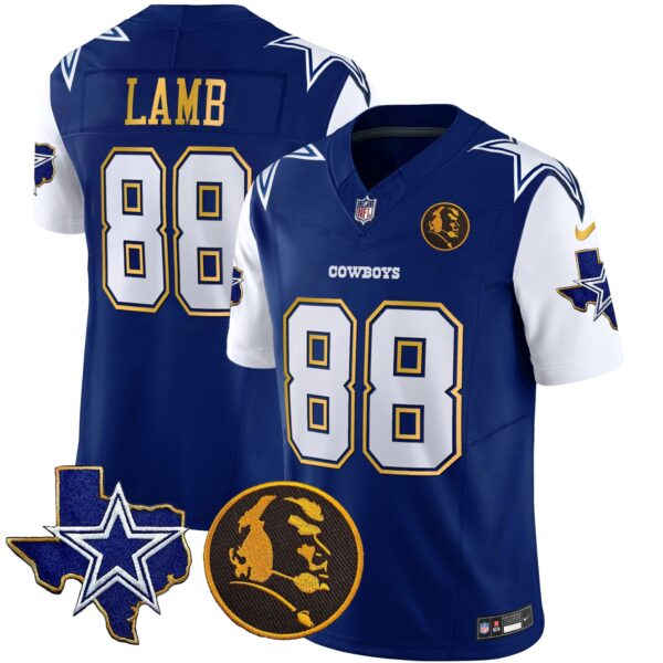 Cowboys Texas & John Madden Patch Gold Trim Vapor Jersey – All Stitched – Royal – CeeDee Lamb Jersey