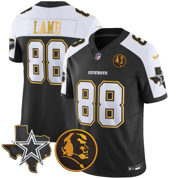 Cowboys Texas & John Madden Patch Gold Trim Vapor Jersey – All Stitched – Black Alternate – CeeDee Lamb Jersey