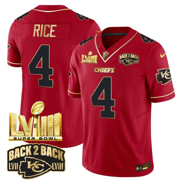 Chiefs Super Bowl LVIII & Back 2 Back Gold Patch Vapor Jersey – All Stitched – Red Special – Rashee Rice Jersey