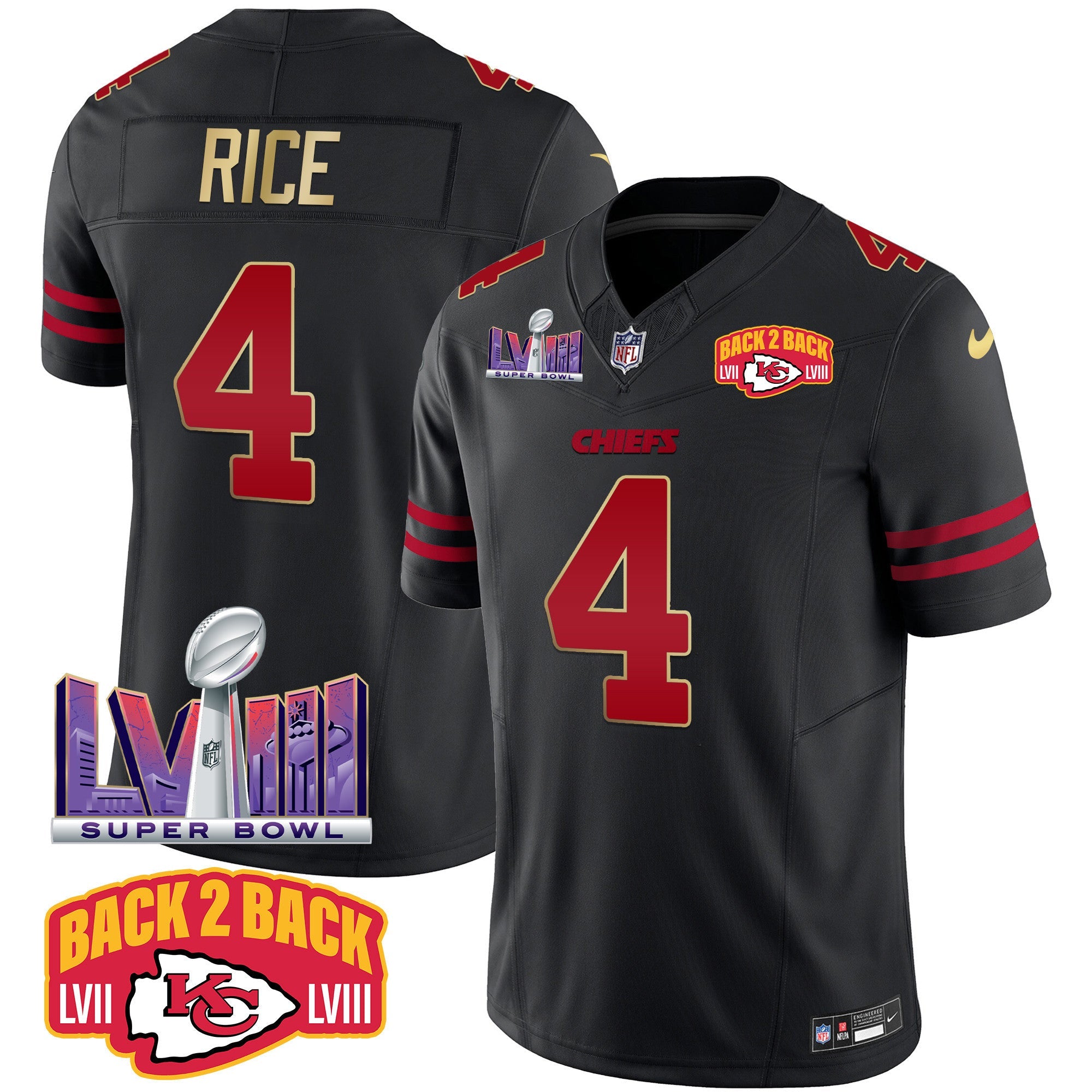 Chiefs Super Bowl LVIII & Back 2 Back Patch Vapor Jersey – All Stitched – Gold Trim – Rashee Rice Jersey