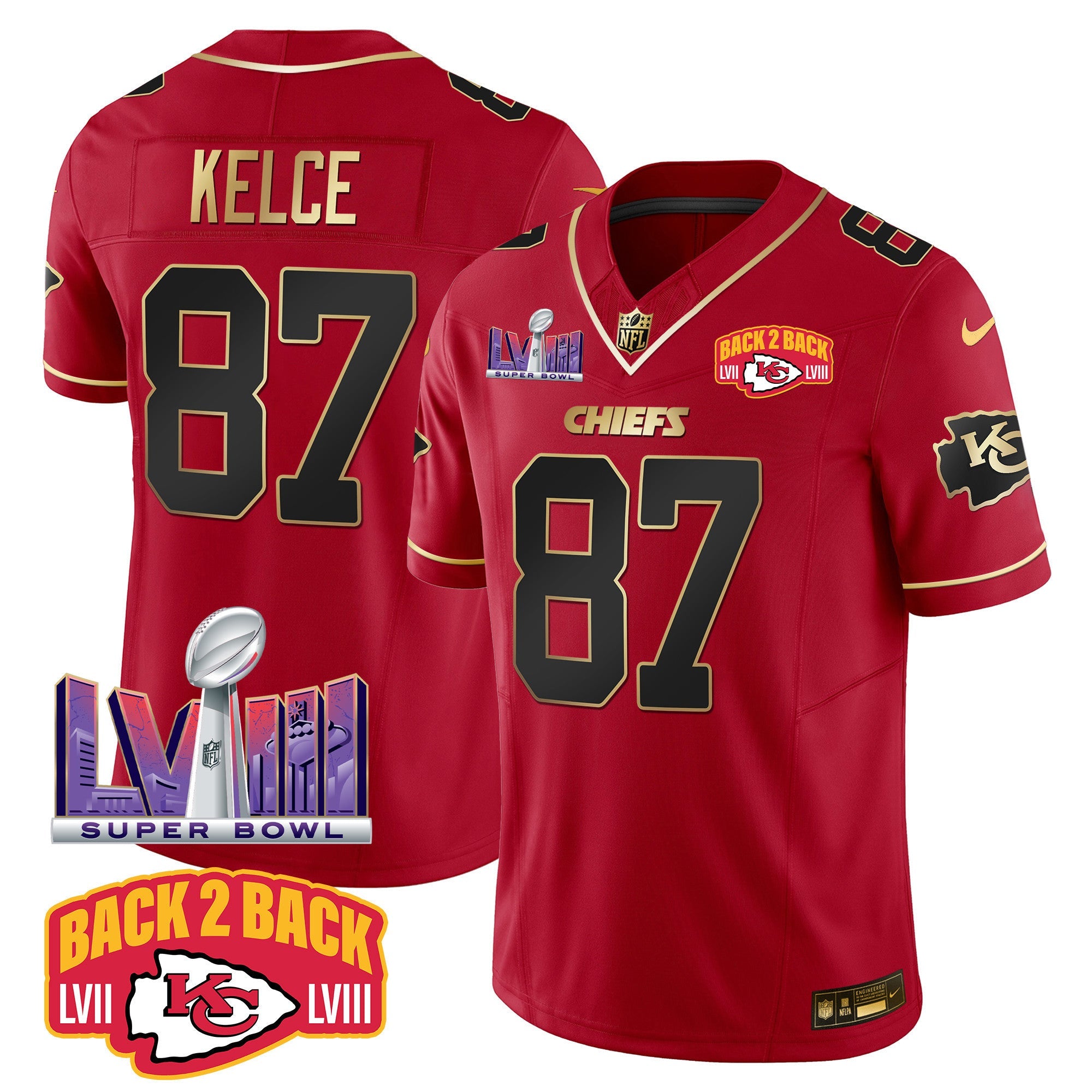 Chiefs Super Bowl LVIII & Back 2 Back Patch Vapor Jersey – All Stitched – Red Special – Travis Kelce Jersey