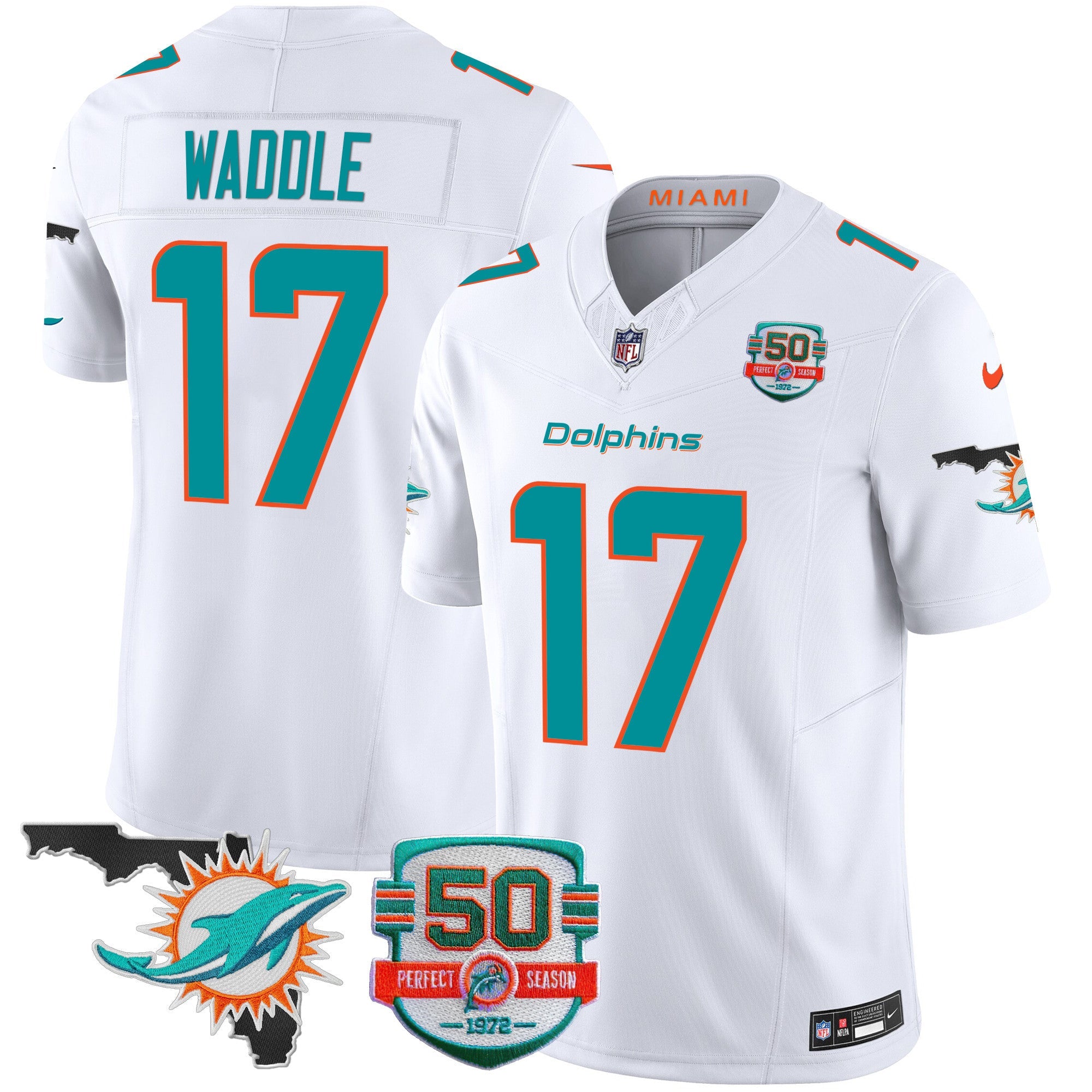 Dolphins 50th Perfect Season & Florida Patch Vapor Jersey – All Stitched – White – Jaylen Waddle Jersey