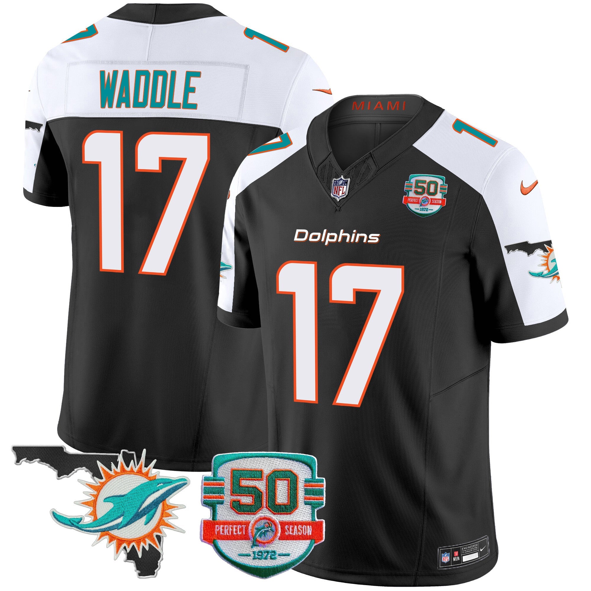 Dolphins 50th Perfect Season & Florida Patch Vapor Jersey – All Stitched – Black Alternate – Jaylen Waddle Jersey