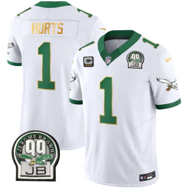 Eagles Jerome Brown Patch Kelly Green Gold Trim Jersey – All Stitched – Kelly White – Jalen Hurts Jersey