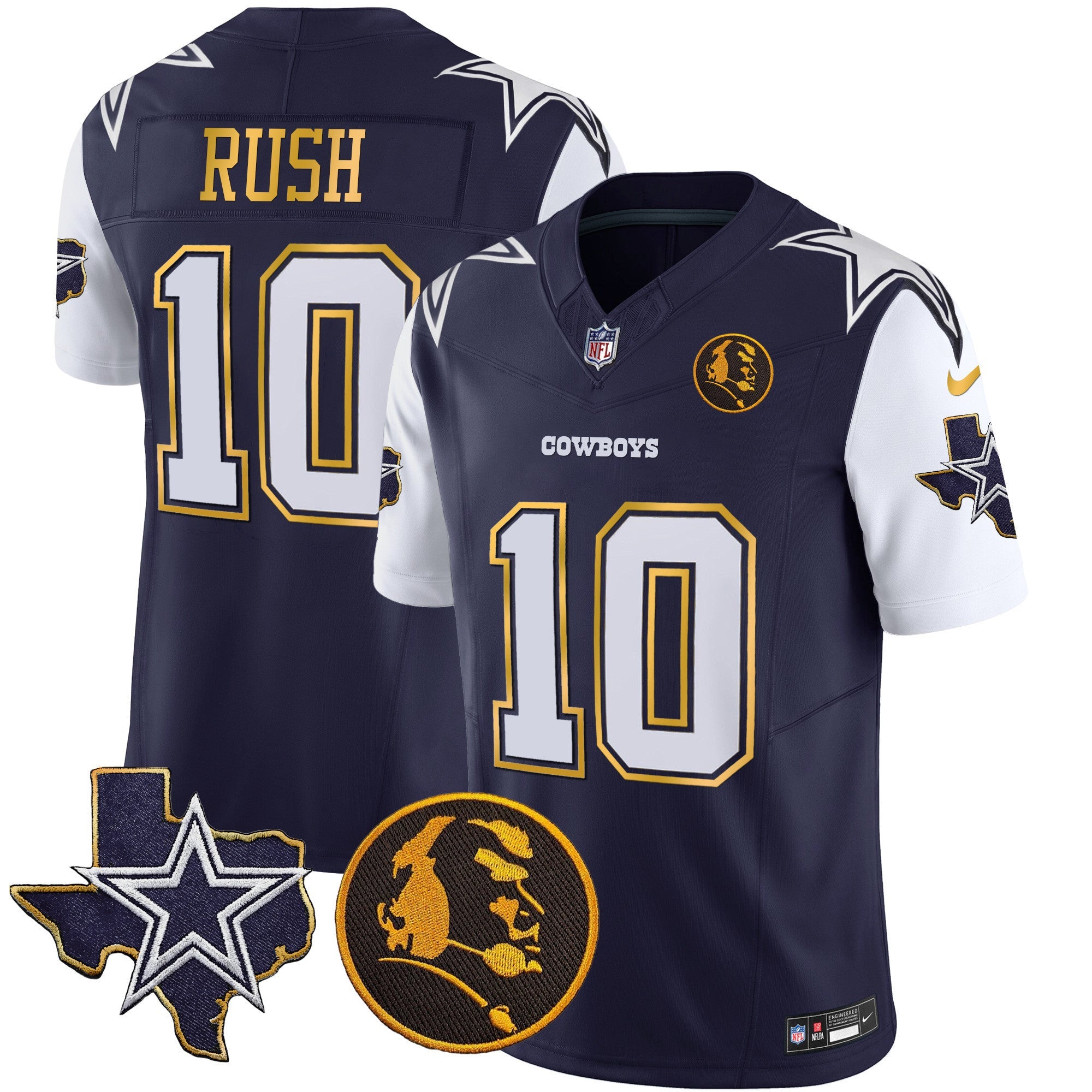 Cowboys Texas & John Madden Patch Gold Trim Vapor Jersey – All Stitched – Navy – Cooper Rush Jersey