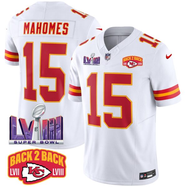 Chiefs Super Bowl LVIII & Back 2 Back Patch Vapor Jersey – All Stitched – White – Patrick Mahomes Jersey