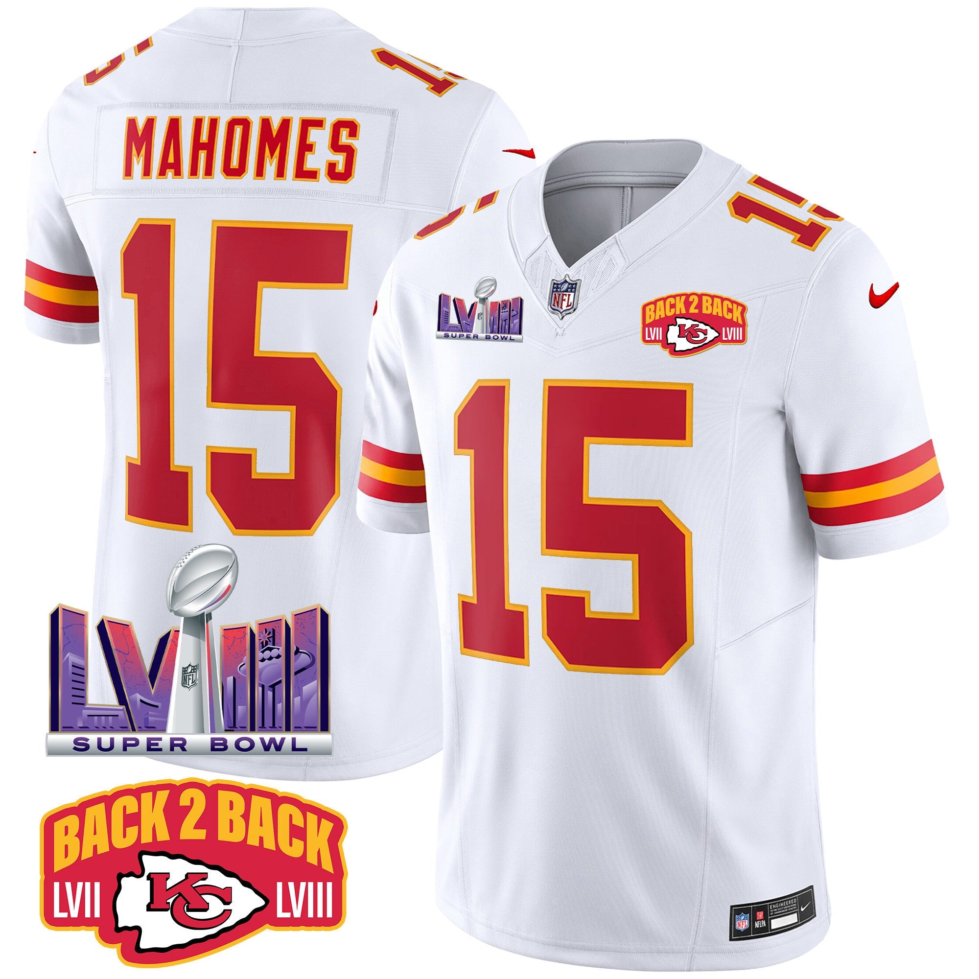 Chiefs Super Bowl LVIII & Back 2 Back Patch Vapor Jersey – All Stitched – White – Patrick Mahomes Jersey