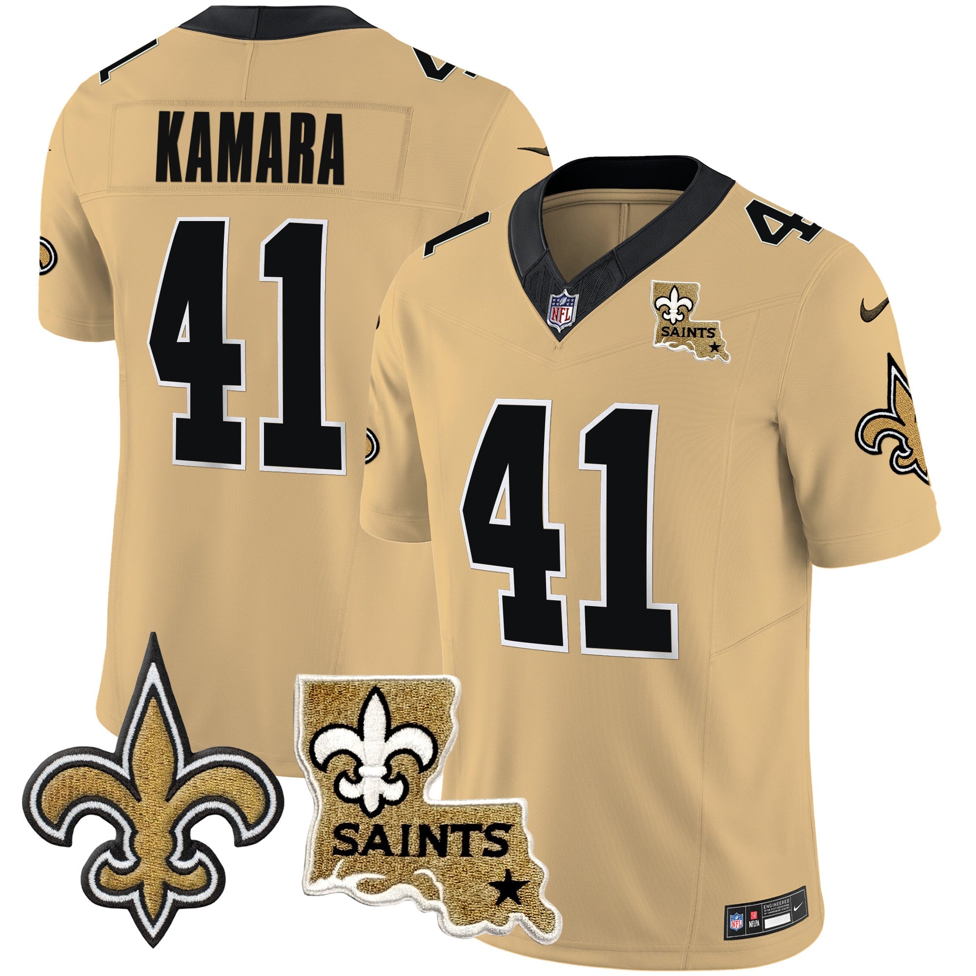 Saints Vapor Limited Jersey – New Orleans Patch – All Stitched – Gold – Alvin Kamara Jersey