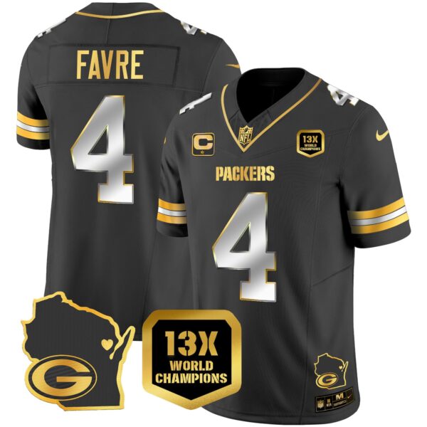 Packers 13 Time World Champions & Home Patch Gold Vapor Jersey V2 – All Stitched – Black Limited – Brett Favre Jersey