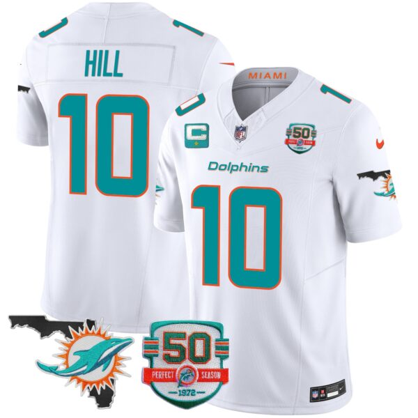 Dolphins 50th Perfect Season & Florida Patch Vapor Jersey – All Stitched – White – Tyreek Hill Jersey