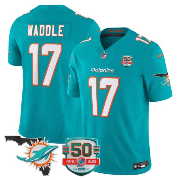 Dolphins 50th Perfect Season & Florida Patch Vapor Jersey – All Stitched – Aqua – Jaylen Waddle Jersey